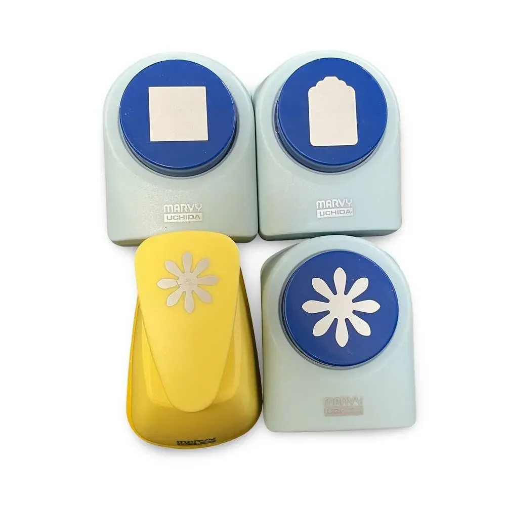 Marvy Uchida Paper Punch Bundle 4 Piece Set Square Flower Tag Shapes Blue Yellow